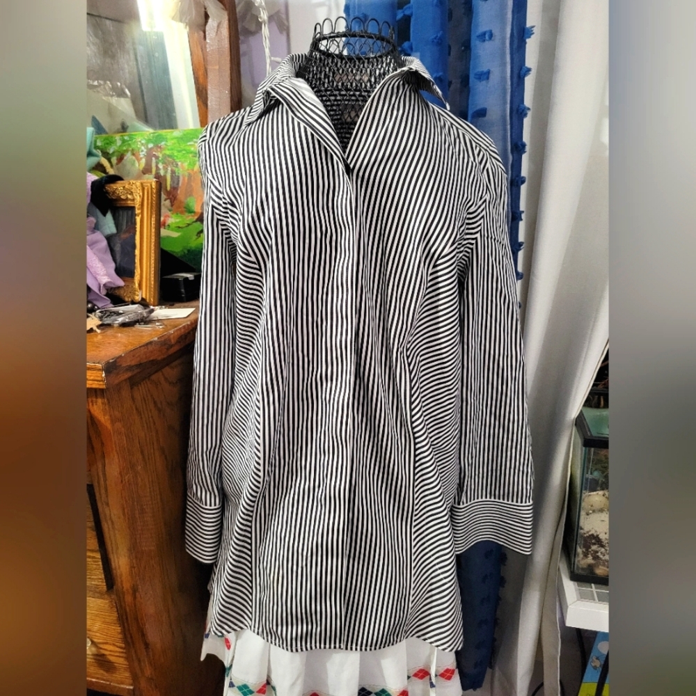 Black and White Striped Chicos Shirt Tunic Office Buisness Casual Dress